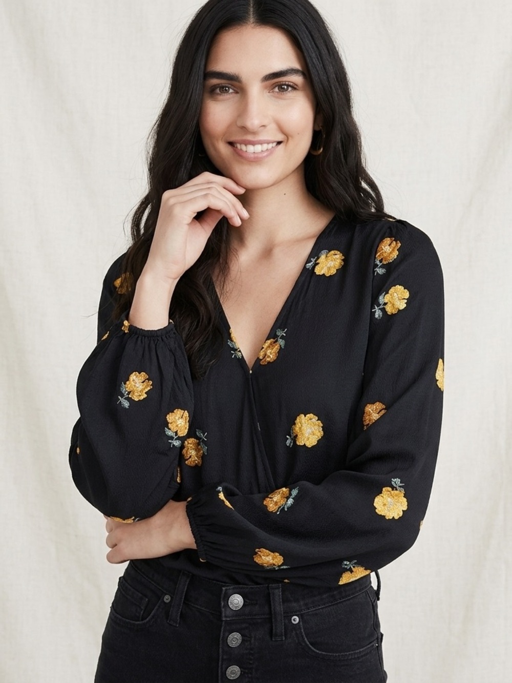 Madewell Floral Wrap Top Bubble Sleeve Black Yellow Blouse Size M